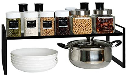 KZOBYD Erweiterbar Küchenregal, Faltbares Küchenschrank Regal Küchen Gewürzregal Organizer für Geschirr und Vorräte Stapelbarer Küchenablage Organizer für mehr Abstellfläche (Schwarz, S)