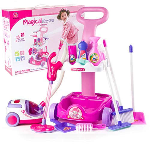 MalPlay Besenwagen Reinigungstrolley | Ausgestattet mit Besen und vielem mehr I Batteriebetriebener Staubsauger mit Soundfunktion| Rolle Spielen | für Kinder Mädchen ab 3 Jahren