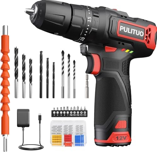 PULITUO 12V Cordless Drill and Driver Impact Tool, 35Nm of Torque, 50Pcs Bit Set, Screwdriver and Drill with 3/8 Chuck, Dual Speed 1.5Ah Battery, LED Light for Cement, Concrete, Ceiling, Brick, Wall