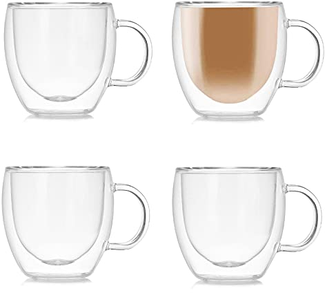 Lot de 4 tasses à café en verre à double paroi avec poignée, tasses en verre à double paroi pour expresso, latte, cappuccino (150 ml)