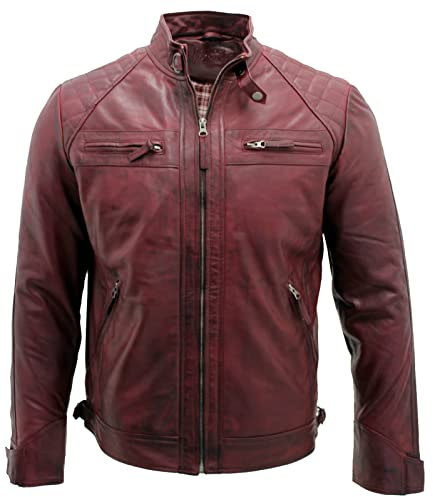 Infinity Leather Chaqueta Clásica para Hombre de Cuero Acolchado Borgoña Retro Vintage Estilo Motociclista 4XL