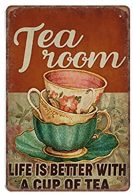 DAIERCY Tea Room Tin Signs, Coffee Shop Decor Funny Vintage Metal Sign Plaqu Poster Wall Art Pub Bar Kitchen Garden Bathroom Home Decor, 140x200 mm