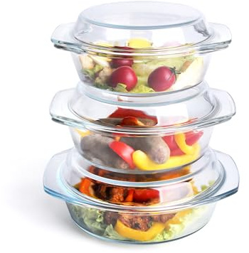 HUSANMP Set 6 Stücke Rund Auflaufform aus Gehärtetem Glas Set, 1L+1.5L+1.8L Glas Backform mit Deckel für Backofen, Gefrierschrank und spülmaschinenfest