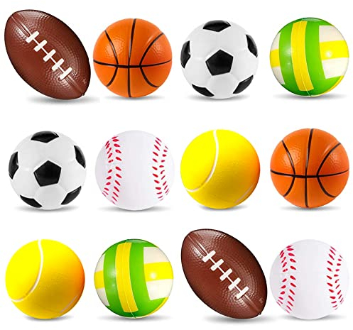 POTWPOT Soft Foam Sponge Sports Balls, 12 Pieces Sponge Balls Squeeze Stress Balls Football Basketball Tennis Baseball Rugby and Volleyball for Kids