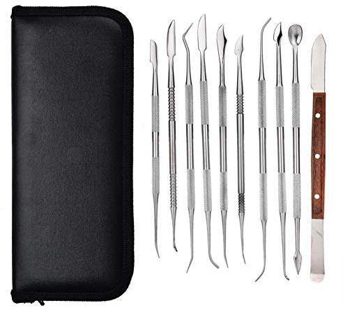 Tiiyee Herramientas para Tallar Cera, Modelado Arcilla De Acero Inoxidable Doble Punta Esculpir Cera con Bolsa Arcillas EspáTula Set Clay CeráMica Modelar ArtesaníAs Tallado Detalles 10pcs