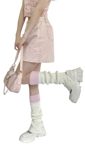 shownicer Japanische Beinstulpen Damen Teenager Mädchen Gothic Strick Lange Socken Kawaii Häkeln Beinwärmer 80er Harajuku Gestrickte Warme Oberschenkel hohe Socken K Rosa Einheitsgröße