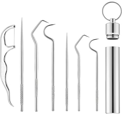 KOMUNJ Lot de 7 cure-dents en acier inoxydable - Kit de nettoyage des dents - Avec 1 boîte à cure-dents - Porte-clés portable - Pour l'extérieur, les pique-niques et le camping