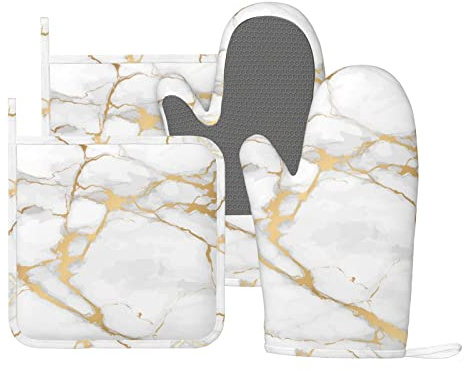 Set di 4 guanti da forno e presine in silicone color oro bianco marmo, accessori da cucina, resistenti al calore, con impugnatura antiscivolo, per chef, cottura, grigliate, barbecue