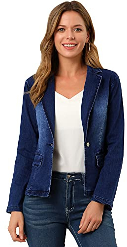 Allegra K Women's Notched Lapel One Button Long Sleeve Business Washed Denim Blazer, Blue, XXL