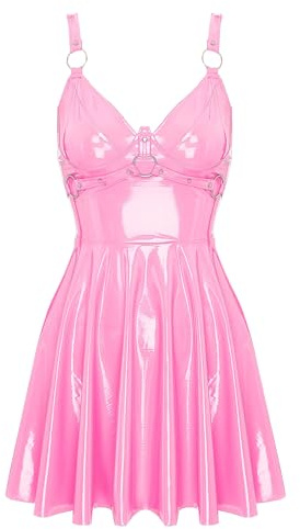 Aislor Dam lack läderklänning wetlook miniklänning kort konst läderklänning rygglös festklänning skater kjol party klubbkläder lackklänning, C-rosa, 5XL