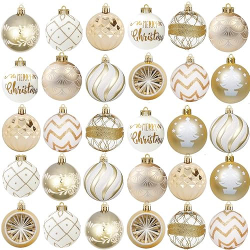 30Pcs White and Gold Christmas Ornaments 6cm Plastic Christmas Baubles for Xmas Tree Decorations Christmas Holiday Wreath and Party Decorations