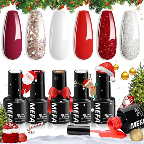 MEFA Smalto Semipermanente Unghie, Rosso Bianco Glittero 6 Colori Smalti Semipermanenti per Unghie, Soak-Off UV Gel per Natale Nail Art Smalto Gel Professionali Kit