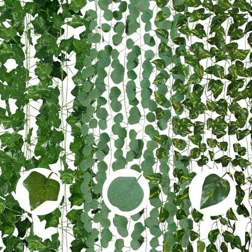 12 Stück Efeu Künstlich Eukalyptus Girlande Pothos - Eukalyptus Deko Efeu Girlande Pothos Girlanden mit Kabelbinder für Hochzeit Party Zimmer Balkon Wanddeko Garten Terrasse Wohnung Dschungel Deko