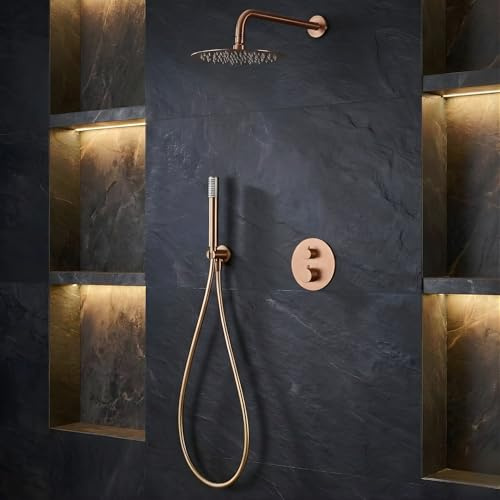 IMEX - Ducha Empotrada Termostática Oro Rosa | Conjunto de Grifería Empotrado con Alcachofa y Rociador Antical Efecto Lluvia | Ducha Empotrada con Grifo en Latón y Acero Inox S.304 | Serie Monza