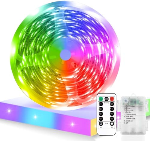 Sunshine smile Tira LED,Luces LED Habitación,Tira de Luz LED a Pilas,Mando a Distancia,8 Modos con Autoadhesiva,Tira LED de con Batería y Mando a Distancia,Recortable