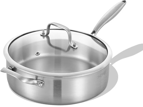 Inqibee Tri-Ply 7 Quarts Stainless Steel Sauté Pan with Lid, 30 cm Induction Deep Frying Pan, Large Skillet, Jumbo Cooker, Oven Safe, Detachable Handle