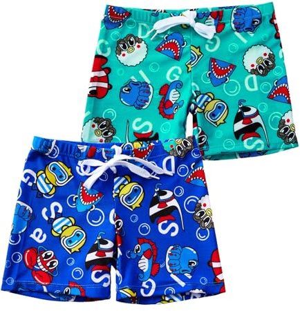 NautySaurs 2-pack pojkar badbyxor småbarn barn dinosaurie badshorts söt haj, clownfisk, badmode, Clownfisk + kulfisk, 8-9 år