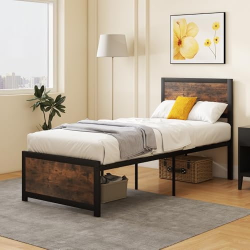 GIANTEX Bettgestell 90 x 200 cm, Metallrahmenbett Metallbett mit Lattenrosten, Bettrahmen mit Kopfteil, Einzelbett Industriell aus Metall & Holz, Stauraum unter dem Bett, Gästebett Jugendbett