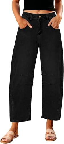 Barrel Jeans para Mujer de Moda de Cintura Alta de Pierna Ancha Holgada Recortada Relax Fit Pantalón de Mezclilla elástico Pantalones de Tobillo (Negro,M)