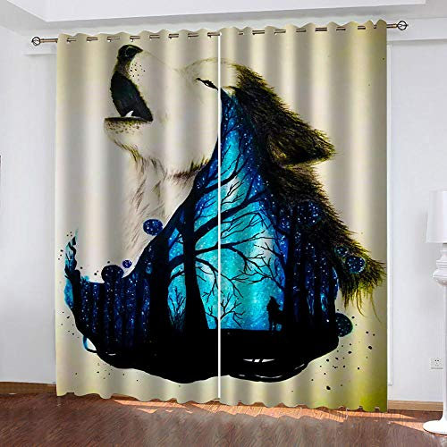 Hochverdunkelungsvorhänge, abstraktes Tiermotiv, blauer Walddruck, 3D-Polyesterfaser, Schatten, Wohn- und Schlafzimmer, Dekoration, 182 x 214 cm, 2 Paneel-Set, Kinderzimmer-Vorhänge