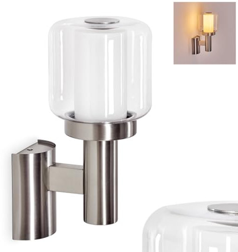 HOFSTEIN Außenwandleuchte Beira, Außenwandlampe aus Metall/Glas in Nickel-matt/Weiß/Klar, Wandleuchte außen mit Glasschirm (Ø 15cm) im modernen Design - Garten, Hof, Außenbereich, Terrasse, E27, IP44
