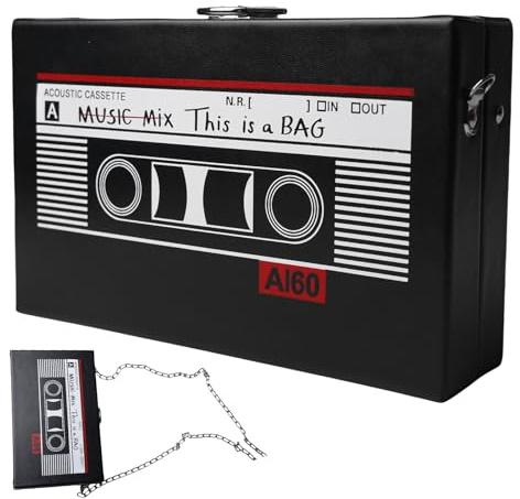 Retro Umhängetasche Kassette Handtasche Damen: 19 x 12 x 5 cm Schräge Schultertasche Radio Handtasche, Tasche Kassetten Schultertasche für 80er 90er Jahre Disco Party Dekoration - Schwarz (Schwarz 2)
