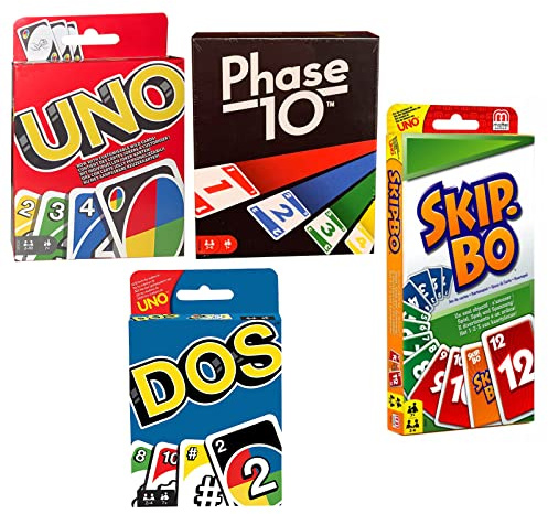 SPAR-SET - 4 verschiedene Kartenspiele-Set: UNO, Skip Bo, Phase 10 und DOS,