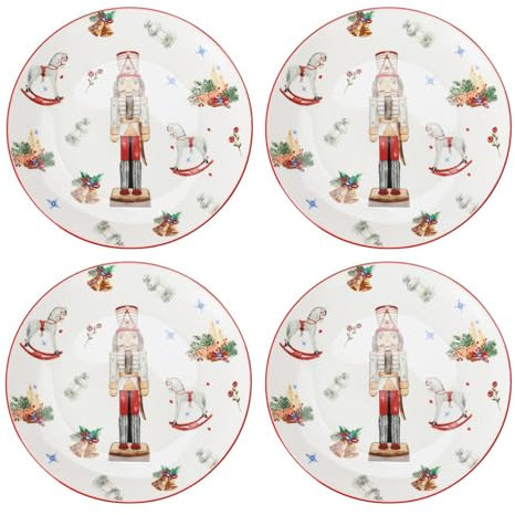 Carousel Home Set of 4 Small Nutcracker Christmas Plates | Round Ceramic Festive Serving Dish | Christmas Tableware Xmas Side Plate - 19.5cm