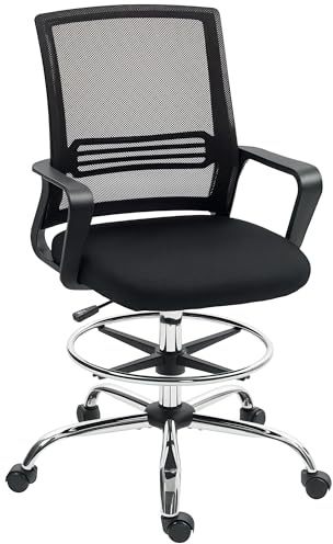 HOMCOM Bürostuhl, Ergonomischer Zeichenstuhl, Höhenverstellbar Computerstuhl mit Armlehne, Lendenwirbelstütze, Schreibtischstuhl mit Fußring, Drehstuhl für Büro, Wohnzimmer, Mesh, Schwarz