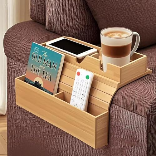 Lofierst Bamboo Sofa Arm Tray, Wooden Drink Holder Table with Cup Holder, Couch Armrest Organiser, Natural