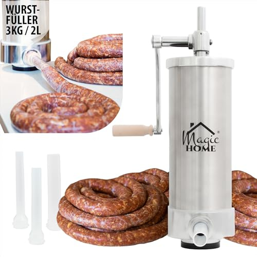MAGIC HOME Wurstfüller aus Edelstahl | 2l / 3kg | Manuell, Vertikale | Hochwertige Wurstfüllmaschine, Wurstpresse, Wurst maschine, Bratwurst, Cevapcici maschine | 4 Füllrohre
