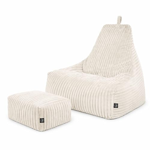 PatchHome Deluxe Cord sittsäck lounge fåtölj – gaming saccosäck set med fotpall – bekväm manchesterfåtölj med fyllning – vardagsrum och sovrum möbler (grädde, XXL – sittsäck pallset)