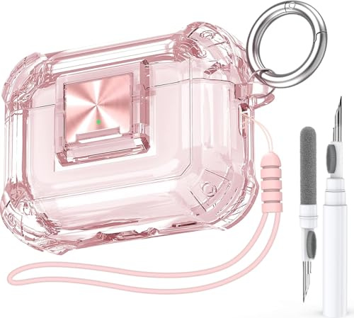 Joremx Compatible avec AirPods Pro 2 - Coque transparente avec verrou de sécurité pour une protection complète - Boîtier pour AirPod Pro 2 Caes avec kit de nettoyage et dragonne - Rose