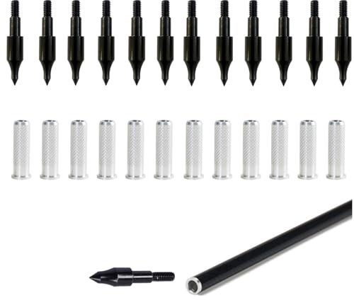 Pfeilspitzen und Aluminium Pfeilsockel Set, 24 Stück, 12 schwarze Pfeilspitzen und 12 Aluminium Pfeilsockel, 6,2 mm, für Bogenschießen, Jagd und Präzisionsziel, geeignet für Armbrust und Compound Boge