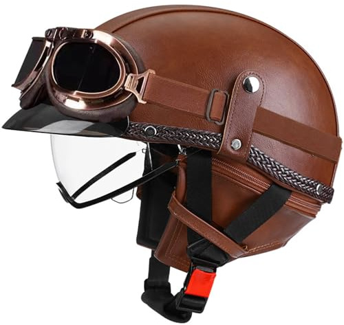 VVPEC Casque Moto Jet, Cuir Casque Ouvert Moto avec Lunettes, Casque Moto Open Face Vintage Adulte Homme Femme ECEDOT Homologué Casque de Cuir Moto pour Street Scooter Cruiser(12,L=59~60cm)
