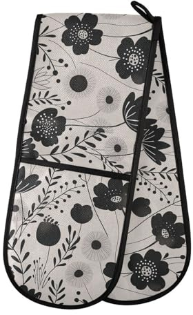Maniques à double fonctionnalité - Résistants à la chaleur - Gants de cuisine - Motif fleurs noires