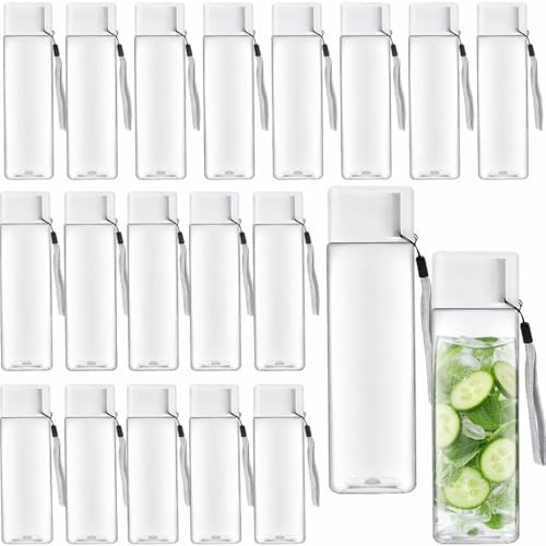 Lot de 20 Bouteilles d’Eau Carrées 500 ml, Gourdes Plastique Transparentes | Gourdes Réutilisables avec Dragonne pour École, Gym, Bureau, Sport, Personnalisation, EVJF et Événements