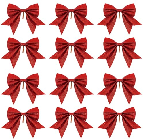 12Pcs Glitter Christmas Tree Bows, 5.9in Red Bows with Twist Tie for Xmas Tree Garlands Wreath Home Decor