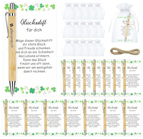 JAYZUUM 15 Sets Abschiedsgeschenk Kollegen - Glücksstift Kugelschreiber mit Karte, Organzabeutel & Jute-Schnur, kleines Dankeschön Geschenk für Mitarbeiter, Freunde & Lehrer