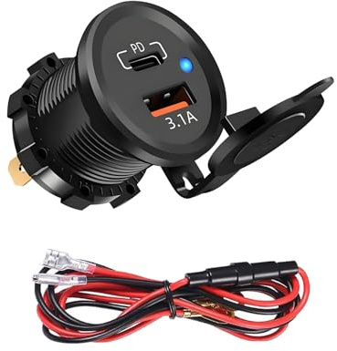 Leloco USB Steckdose 12V, 30W USB Einbausteckdose für Auto und Boot | 12V–24V, USB-C- und USB-A-Anschluss, Schutzkappe und 60-cm-Kabel; für Wohnmobil, LKW, Motorrad, Boot und Wohnwagen.