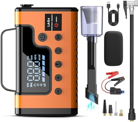 (Tout en 1) Booster Batterie Voiture 10,000A + Aspirateur (Compresseur Pneu, Démarreur Batterie, Booster Batterie Moto, Jump Starter, Chargeur Batterie Auto, Batterie Camping)