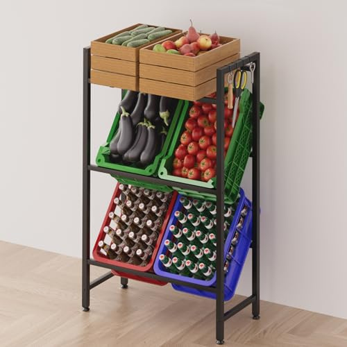 devesanter Scaffale per casse di bevande, per 6 scatole, 225 kg, salvaspazio, con 4 supporti in metallo, 4 ganci, per birra, frutta, verdura, soggiorno, cucina e cantina, nero