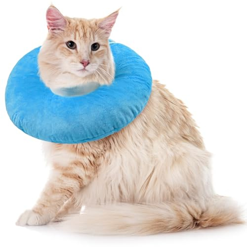 Kattkon med hals, katt veterinärhalsband mjuk plysch hals munkring anti-sår slicka halsband för postoperation förhindra att husdjur slickar sår (blå, L)