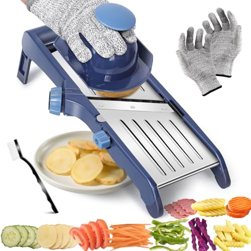 MASTERTOP Mandoline Gemüsehobel, 10 In1 Verstellbar Gemüseschneider Gurkenhobel für Kartoffelchip, Zwiebel, Edelstahl Küchenhobel Küchenreibe Gemüsereibe mit Anti-Schneid-Handschuhe+Reinigungsbürste