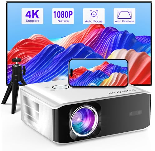 XuanPad Mini Projector, 2026 Upgraded Black White Smart Projector 4K Support, Auto Focus, WiFi & Bluetooth, Native 1080P Projector, 400 Display, Compatible with TV Stick, iPhone, Android, Laptop