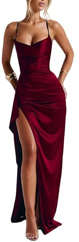 Zesoyne Women's Satin Cowl Neck Maxi Dress High Slit Formal Evening Gown Ruched Bodycon Prom Party Wedding Guest Dress