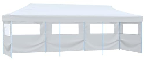 Tienda de recepción plegable de 3 x 9 m, color blanco con 5 paredes laterales y ventanas transparentes, toldo exterior Oxford PVC resistente al agua, carpa de jardín retráctil de acero