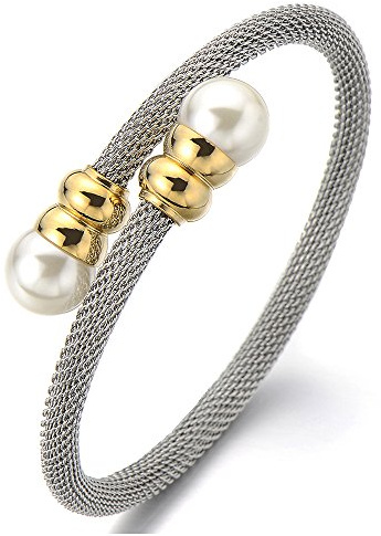 COOLSTEELANDBEYOND Elastische Verstellbare Edelstahl Damen-Armband Verdrehten Stahlkabel Armreif mit Synthetische Perle