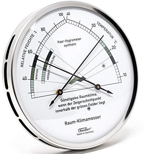 Fischer 1222-01, Wohnklima-Hygrometer u. Raum-Thermometer, Glas, Edelstahl | Luftfeuchtigkeitsmesser, Messbereich 45-100 % r. F. und 10-40 °C, Genauigkeit ± 3 % r. F., 130mm Durchmesser, Made in Germany