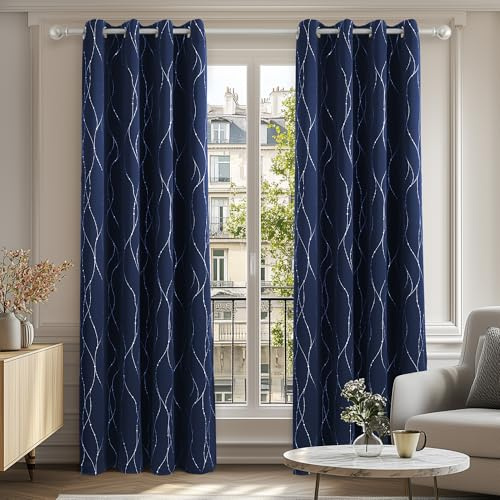 Deconovo Sichtschutz Vorhänge mit Ösen Thermovorhänge Kälteschutz Blickdichte gardinen Wohnzimmer für Junge, 160x132 cm(HöhexBreite), Dunkelblau, 2er Set